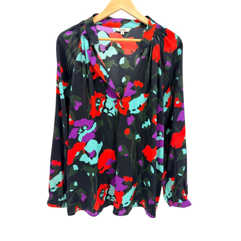 Tucker Silk Stretch Blouse‎ XL Black Multicolor Floral V-Neck Smocked Top Blouse